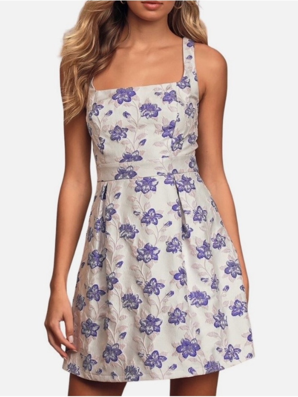 Lulus Wondrous Wildflower White & Blue Floral Jacquard Mini Skater Dress